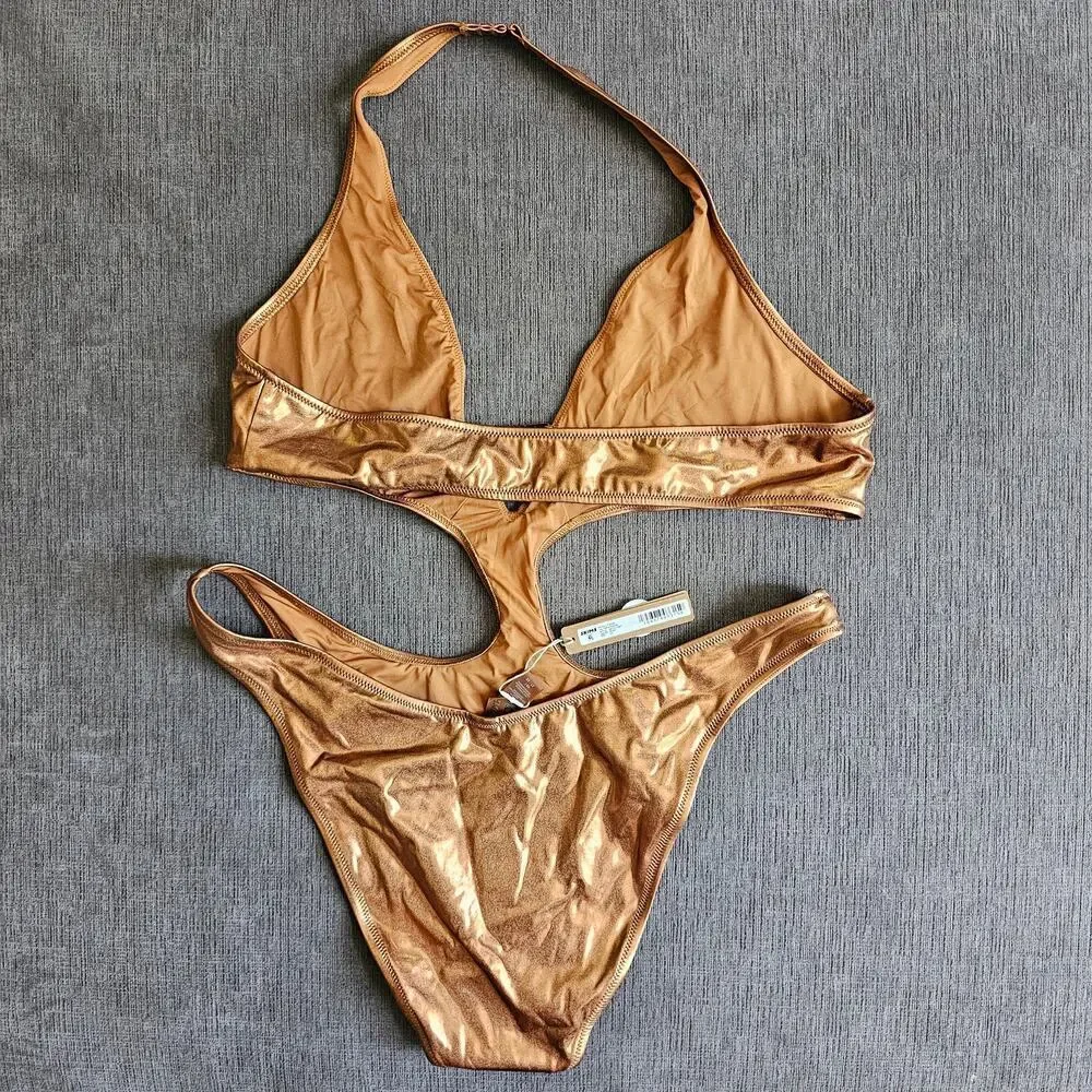 NWT Skims Women's Metallic Gold Penny Swim Halter Monokini Swimsuit Size 2X